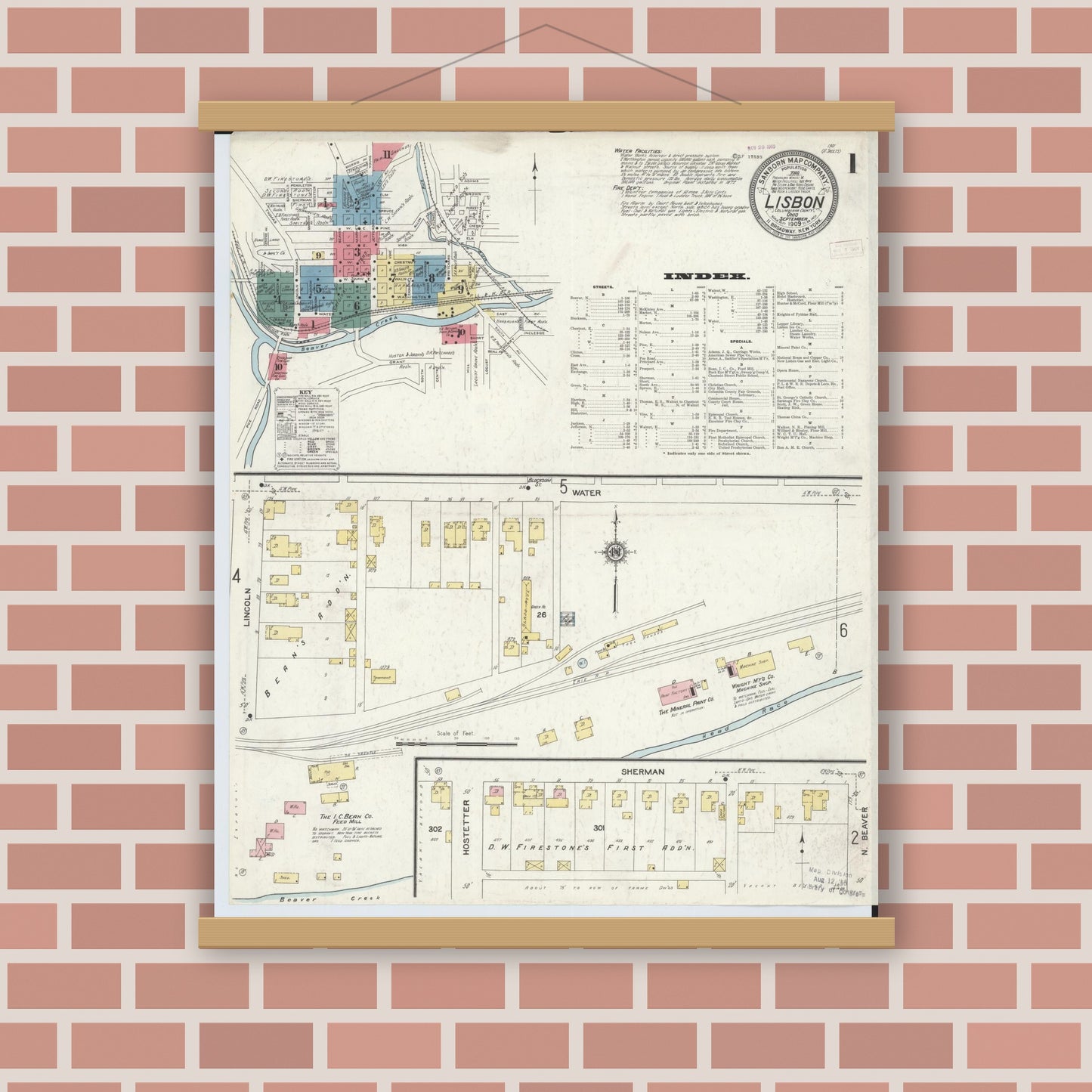 Old map wall art mockup — magnetic wood frame on brick wall — Sanborn Fire Insurance Map from Lisbon, Columbiana County, Ohio (1909), Sheet #0001