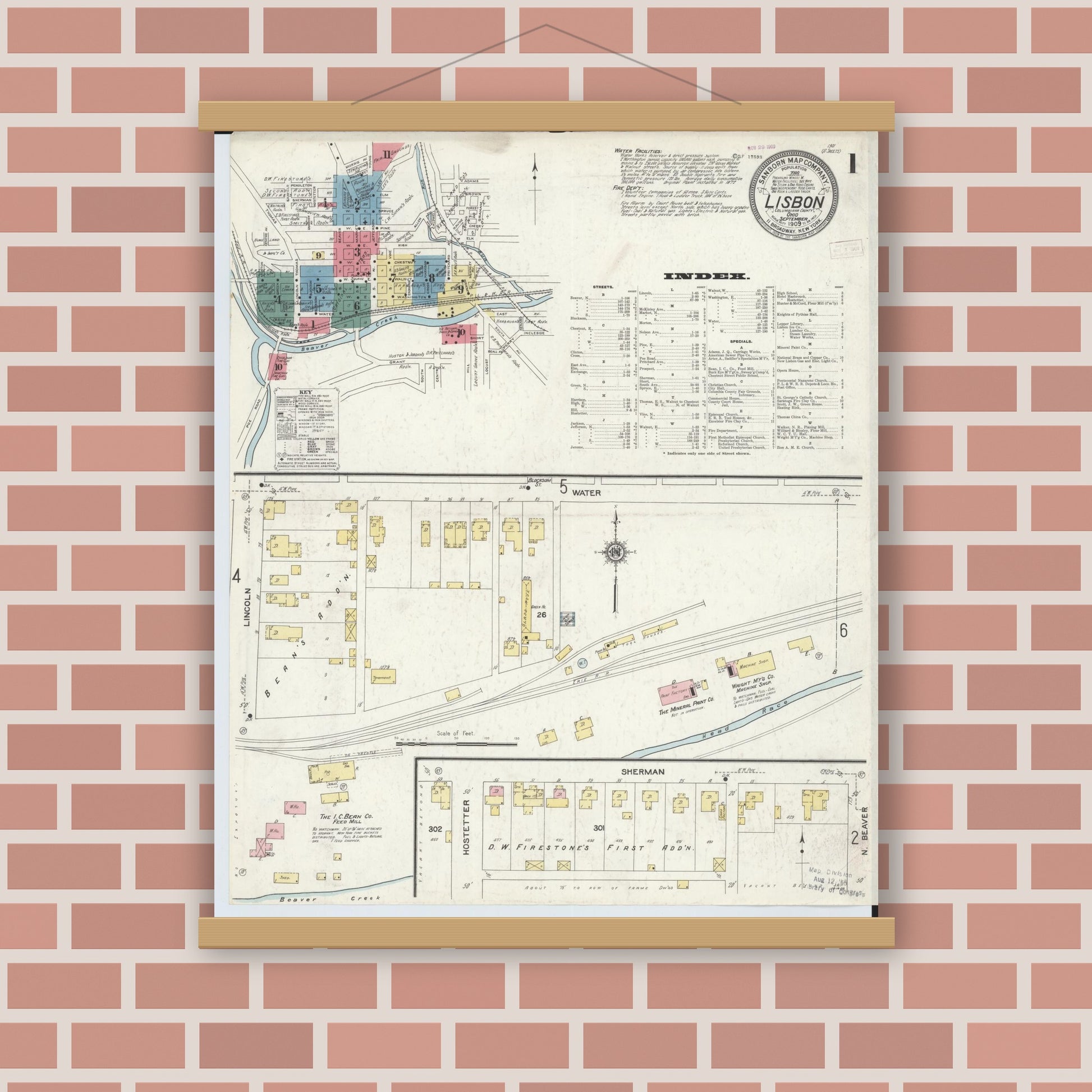 Old map wall art mockup — magnetic wood frame on brick wall — Sanborn Fire Insurance Map from Lisbon, Columbiana County, Ohio (1909), Sheet #0001