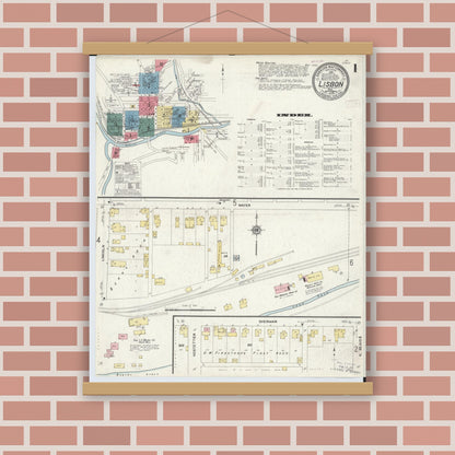 Old map wall art mockup — magnetic wood frame on brick wall — Sanborn Fire Insurance Map from Lisbon, Columbiana County, Ohio (1909), Sheet #0001