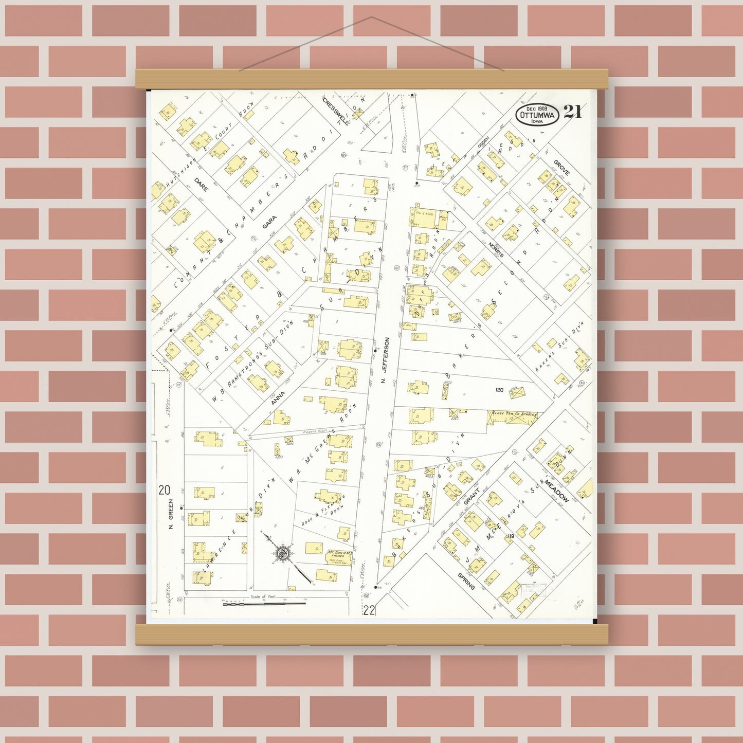 Old map wall art mockup — magnetic wood frame on brick wall — Sanborn Fire Insurance Map from Ottumwa, Wapello County, Iowa (1909), Sheet #0021