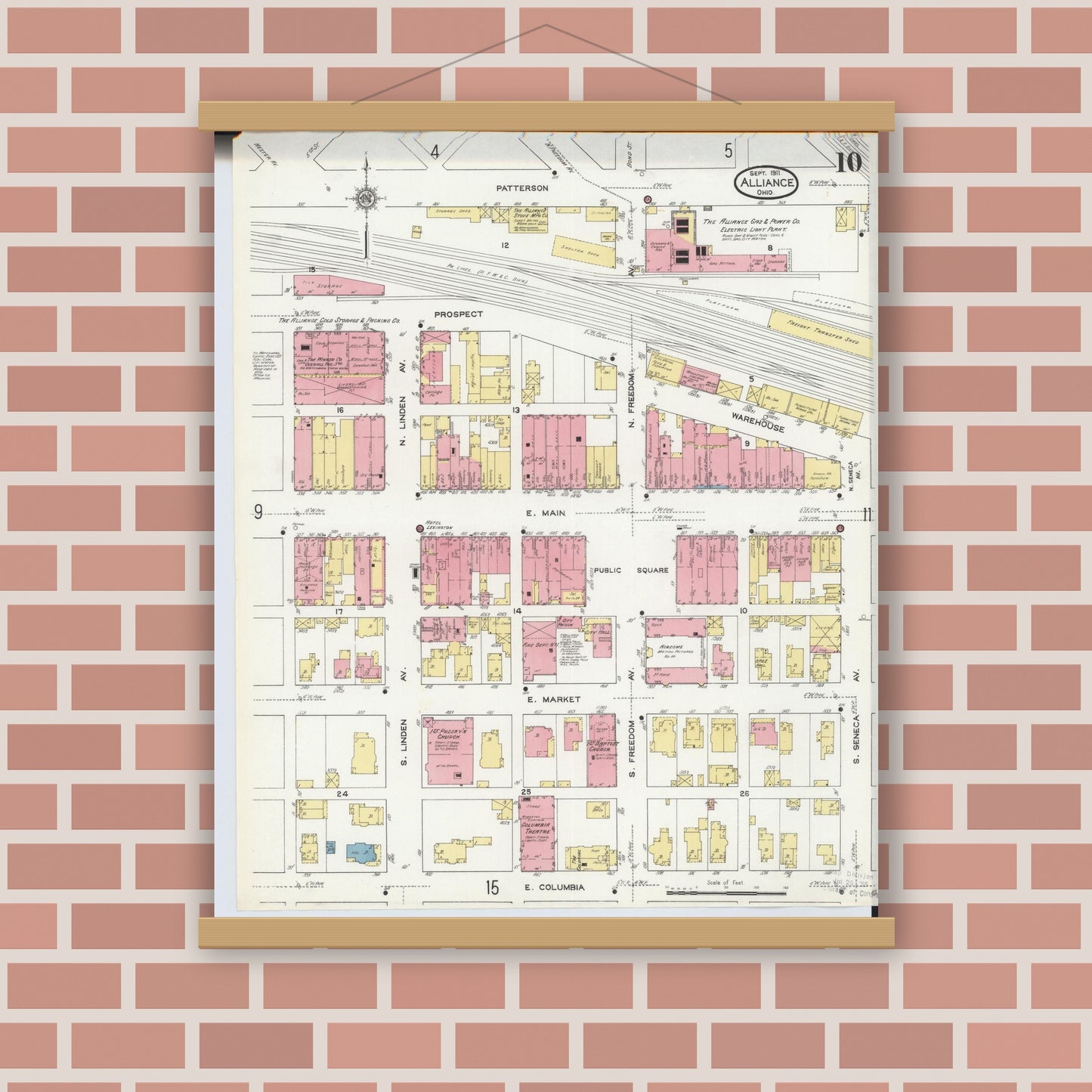 Old map wall art mockup — magnetic wood frame on brick wall — Sanborn Fire Insurance Map from Alliance, Stark County, Ohio (1911), Sheet #0010