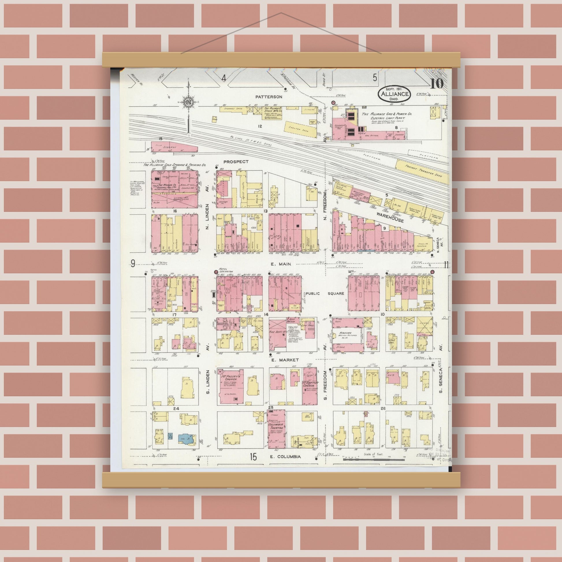 Old map wall art mockup — magnetic wood frame on brick wall — Sanborn Fire Insurance Map from Alliance, Stark County, Ohio (1911), Sheet #0010