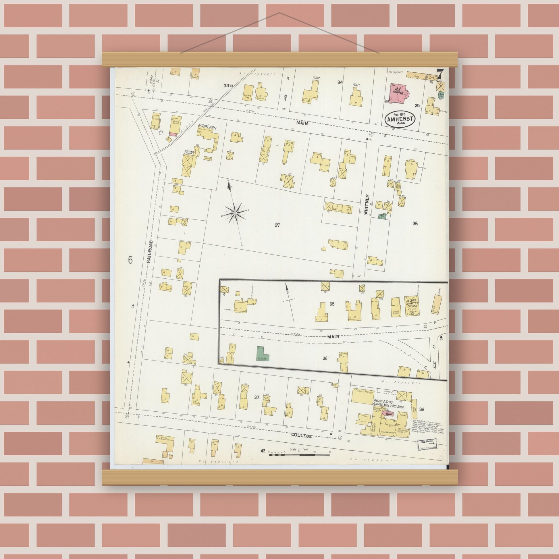Old map wall art mockup — magnetic wood frame on brick wall — Sanborn Fire Insurance Map from Amherst, Hampshire County, Massachusetts (1902), Sheet #0007