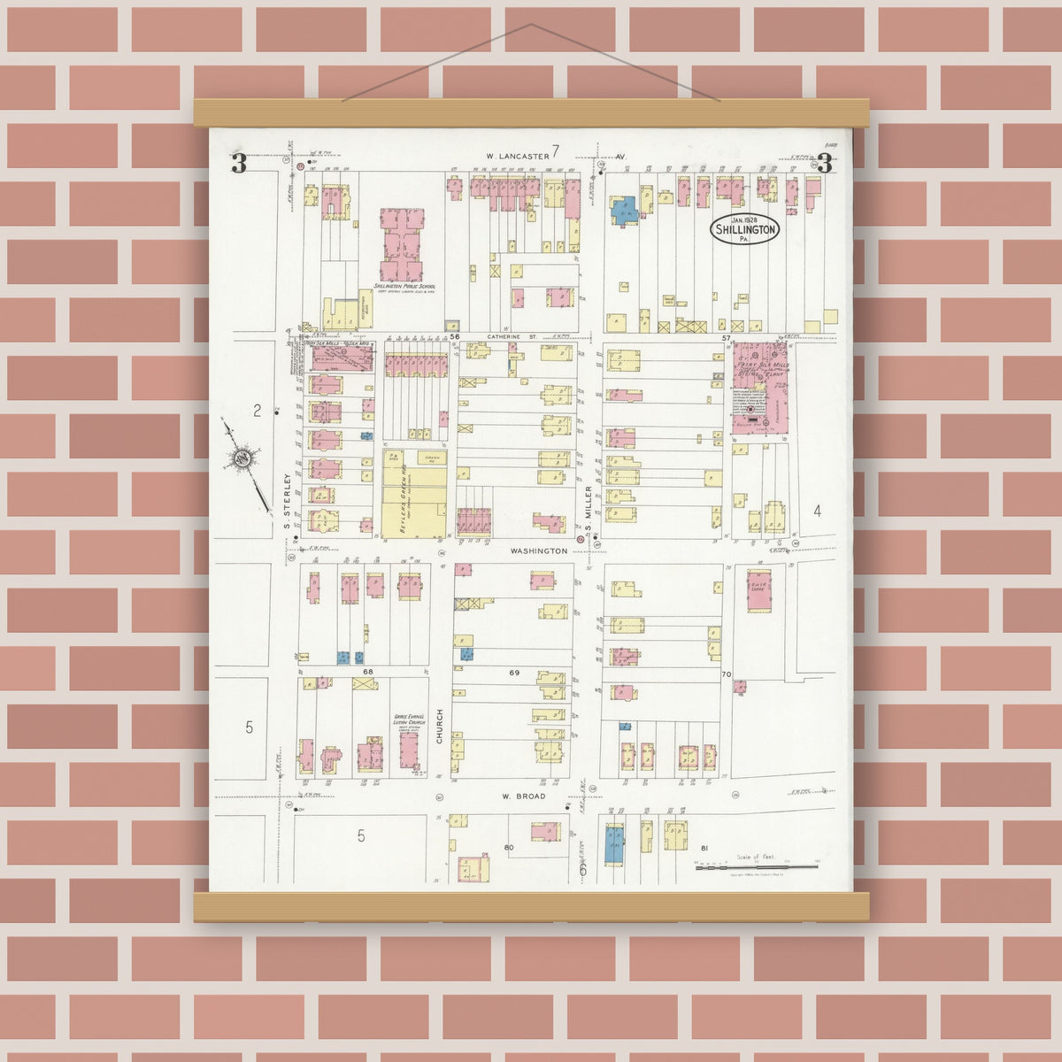 Old map wall art mockup — magnetic wood frame on brick wall — Sanborn Fire Insurance Map from Shillington, Berks County, Pennsylvania (1928), Sheet #0003