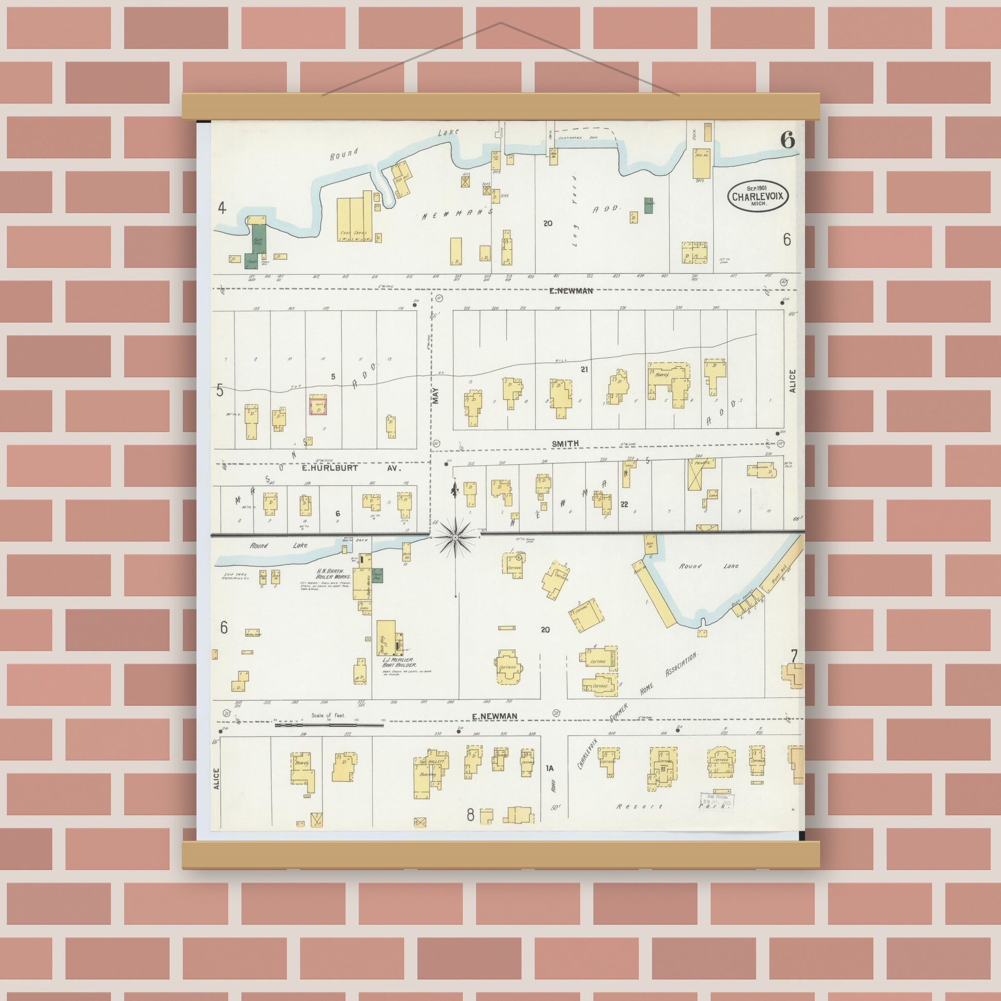 Old map wall art mockup — magnetic wood frame on brick wall — Sanborn Fire Insurance Map from Charlevoix, Charlevoix County, Michigan (1901), Sheet #0006