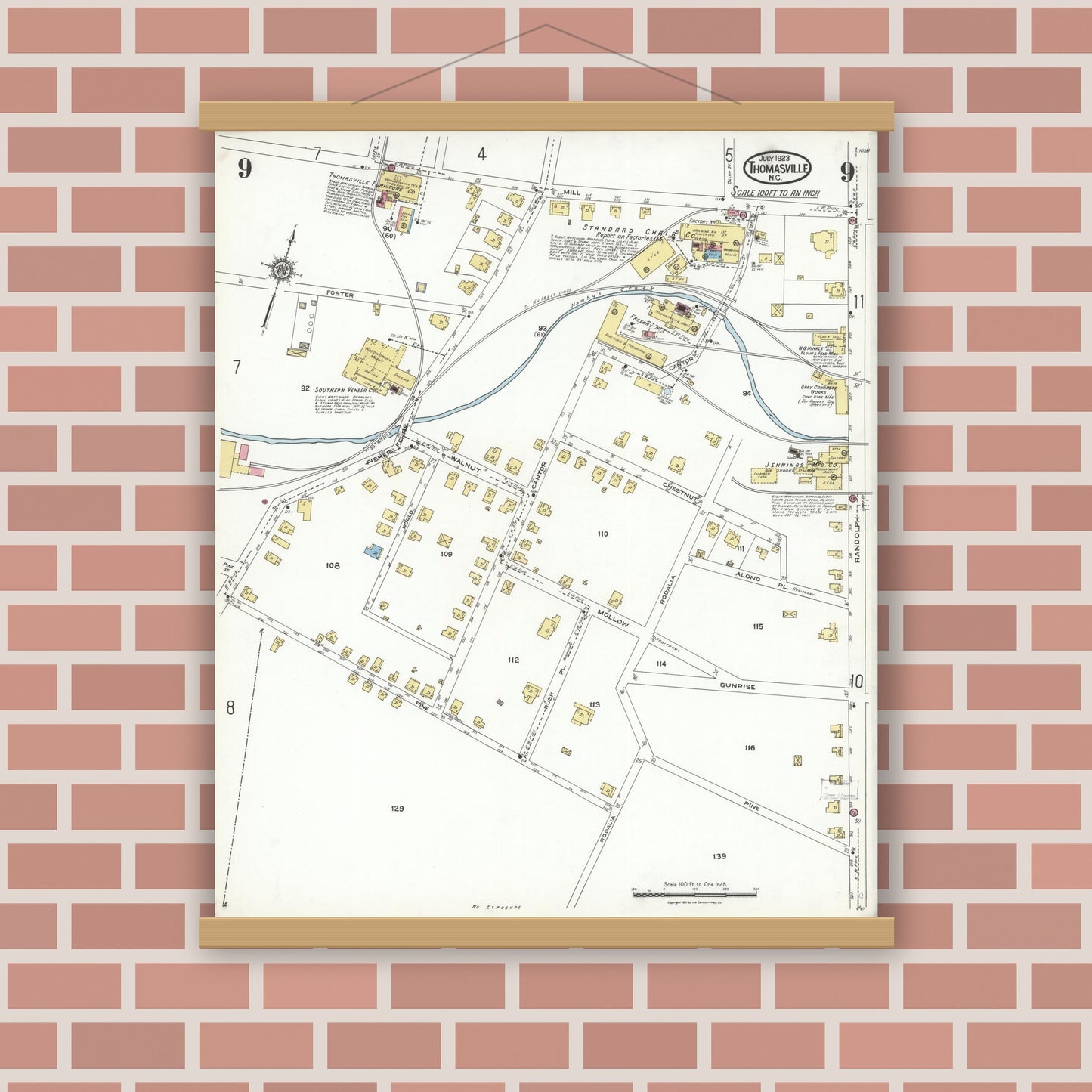 Old map wall art mockup — magnetic wood frame on brick wall — Sanborn Fire Insurance Map from Thomasville, Davidson County, North Carolina (1923), Sheet #0009