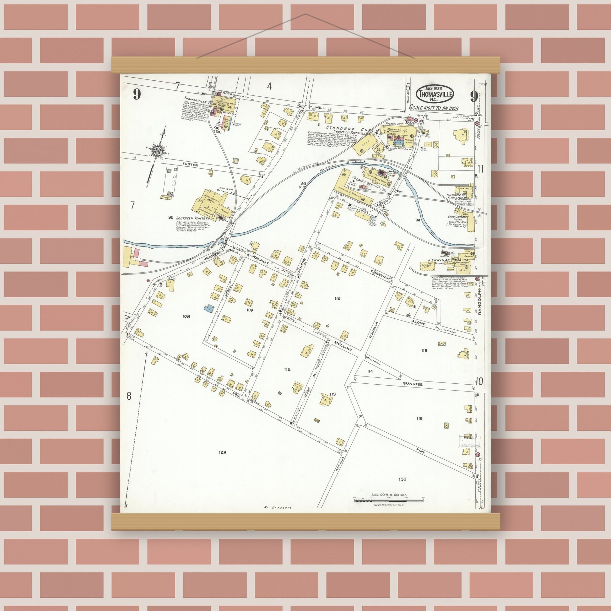 Old map wall art mockup — magnetic wood frame on brick wall — Sanborn Fire Insurance Map from Thomasville, Davidson County, North Carolina (1923), Sheet #0009