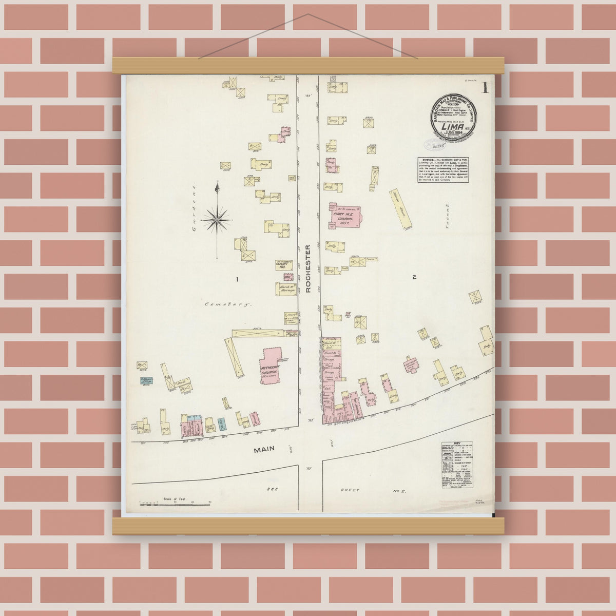 Old map wall art mockup — magnetic wood frame on brick wall — Sanborn Fire Insurance Map from Lima, Livingston County, New York (1884), Sheet #0001