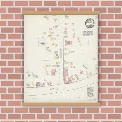 Old map wall art mockup — magnetic wood frame on brick wall — Sanborn Fire Insurance Map from Lima, Livingston County, New York (1884), Sheet #0001