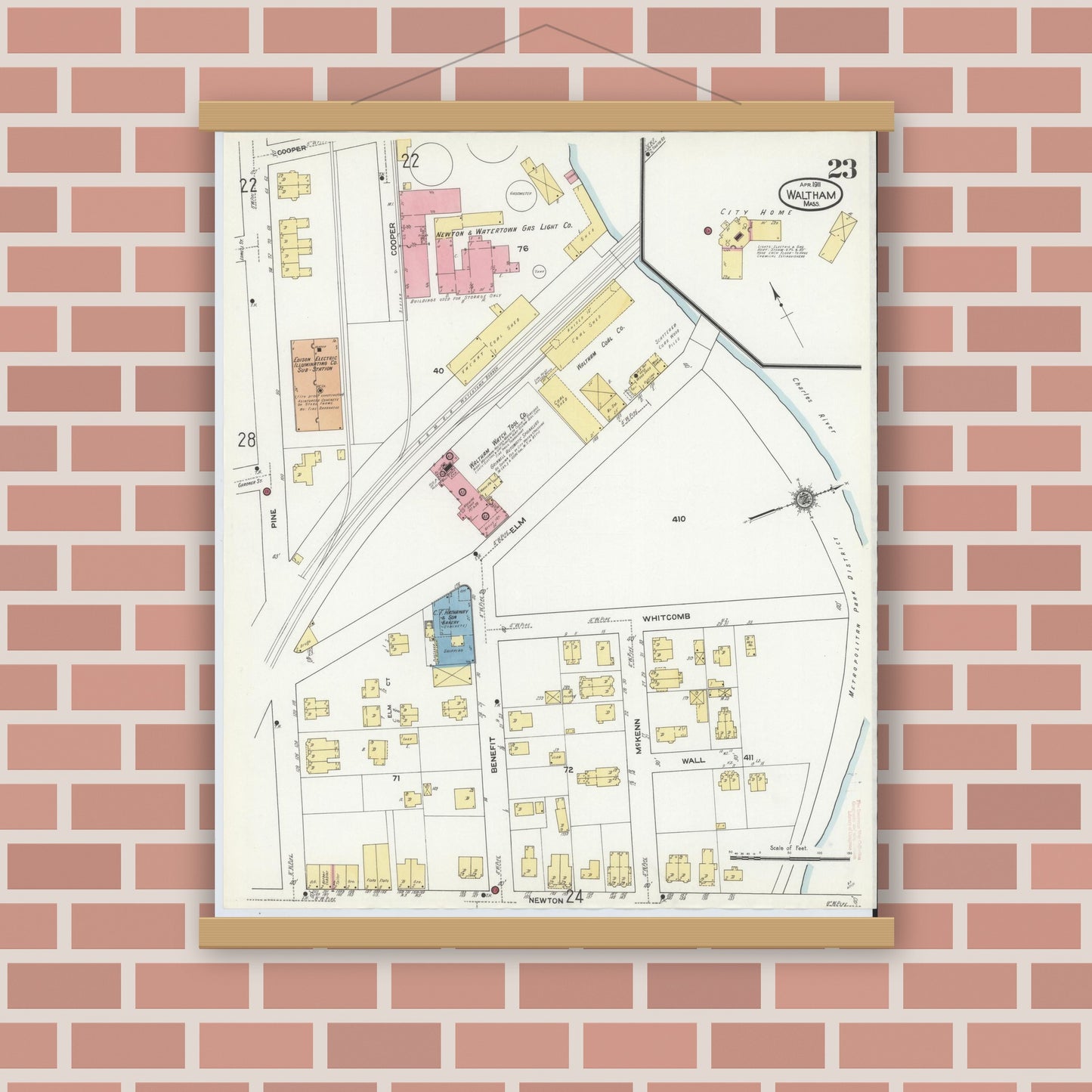 Old map wall art mockup — magnetic wood frame on brick wall — Sanborn Fire Insurance Map from Waltham, Middlesex County, Massachusetts (1911), Sheet #0023