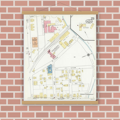Old map wall art mockup — magnetic wood frame on brick wall — Sanborn Fire Insurance Map from Waltham, Middlesex County, Massachusetts (1911), Sheet #0023