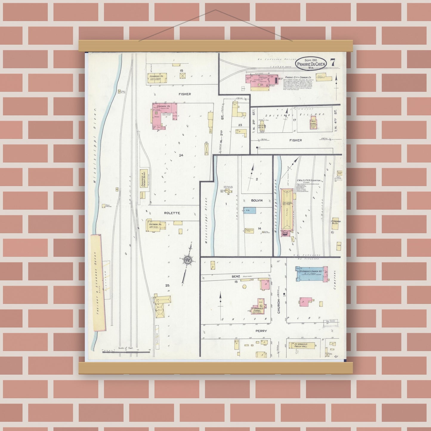 Old map wall art mockup — magnetic wood frame on brick wall — Sanborn Fire Insurance Map from Prairie du Chien, Crawford County, Wisconsin (1912), Sheet #0007