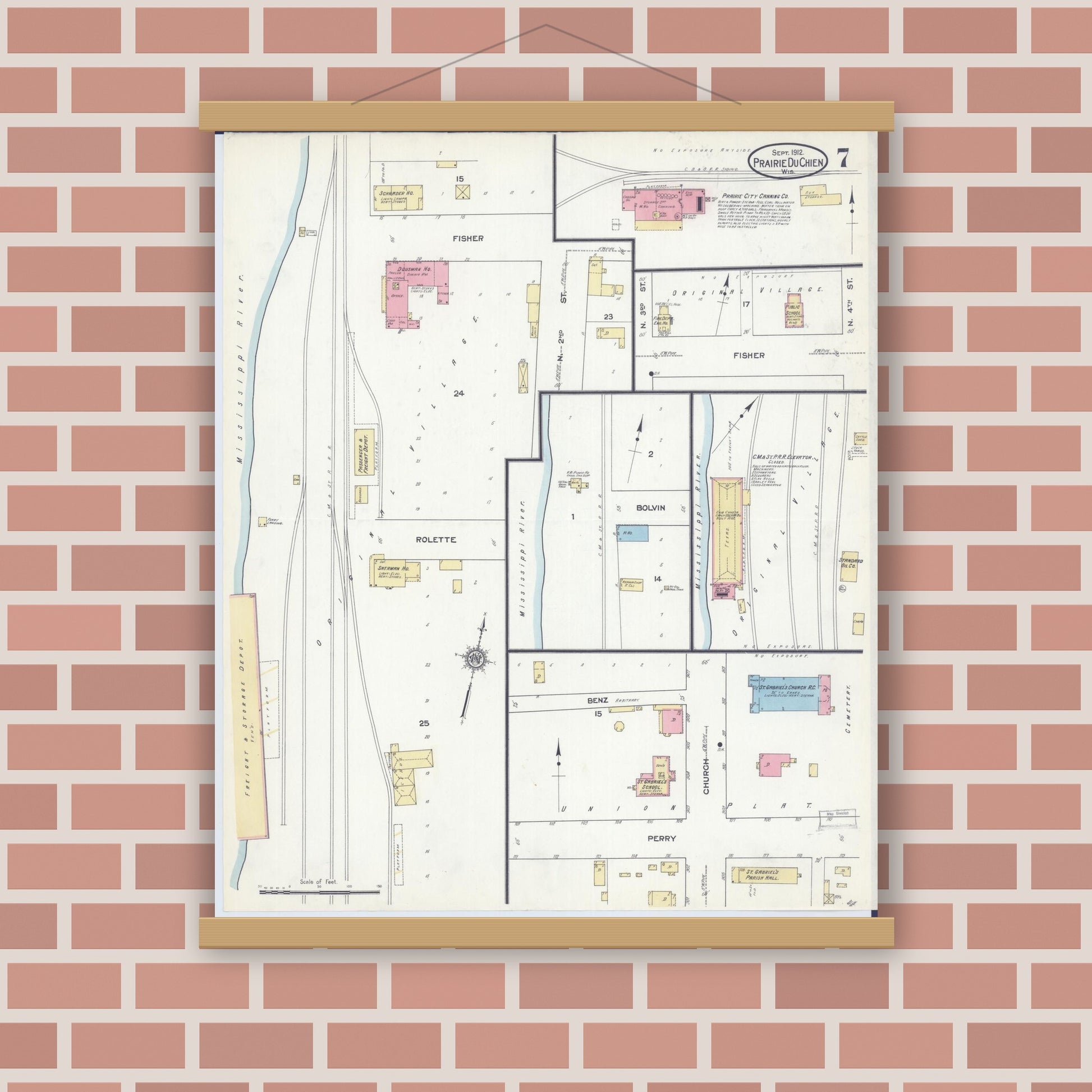 Old map wall art mockup — magnetic wood frame on brick wall — Sanborn Fire Insurance Map from Prairie du Chien, Crawford County, Wisconsin (1912), Sheet #0007