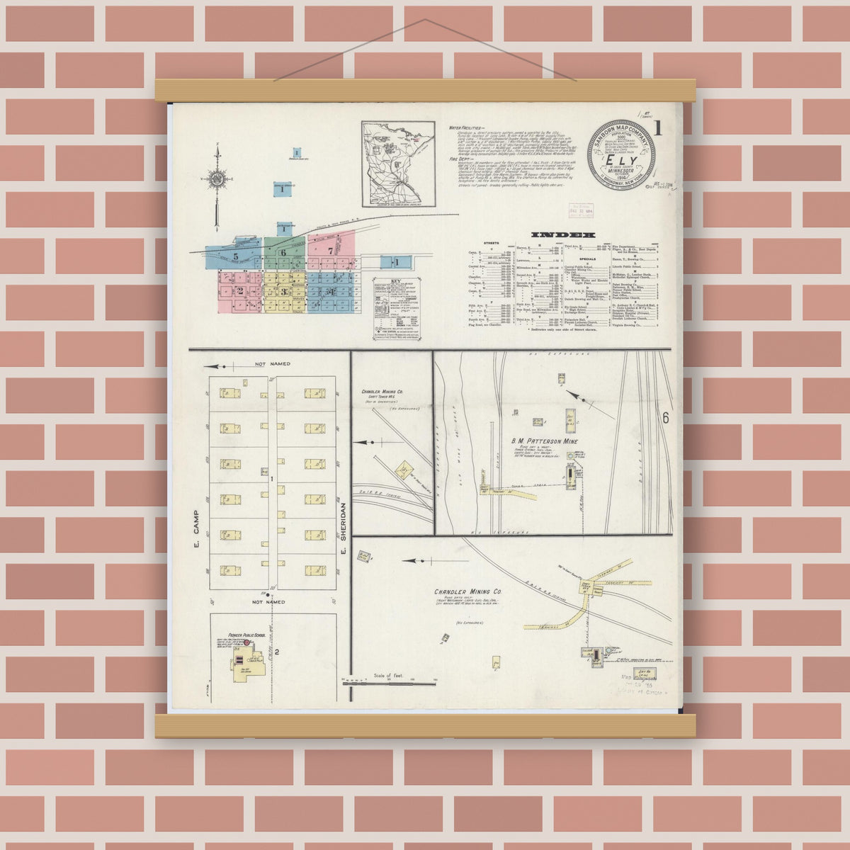Old map wall art mockup — magnetic wood frame on brick wall — Sanborn Fire Insurance Map from Ely, Saint Louis County, Minnesota (1914), Sheet #0001