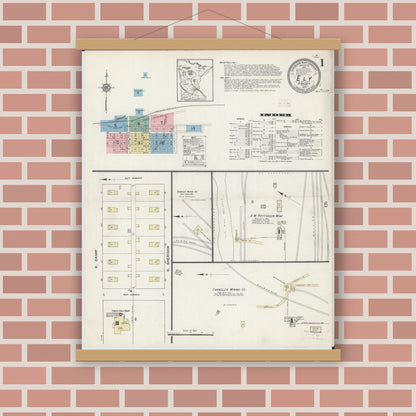 Old map wall art mockup — magnetic wood frame on brick wall — Sanborn Fire Insurance Map from Ely, Saint Louis County, Minnesota (1914), Sheet #0001