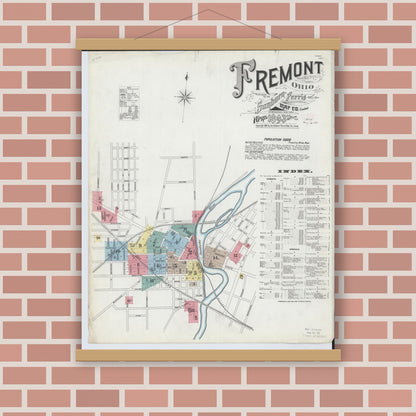 Old map wall art mockup — magnetic wood frame on brick wall — Sanborn Fire Insurance Map from Fremont, Sandusky County, Ohio (1893), Sheet #0001