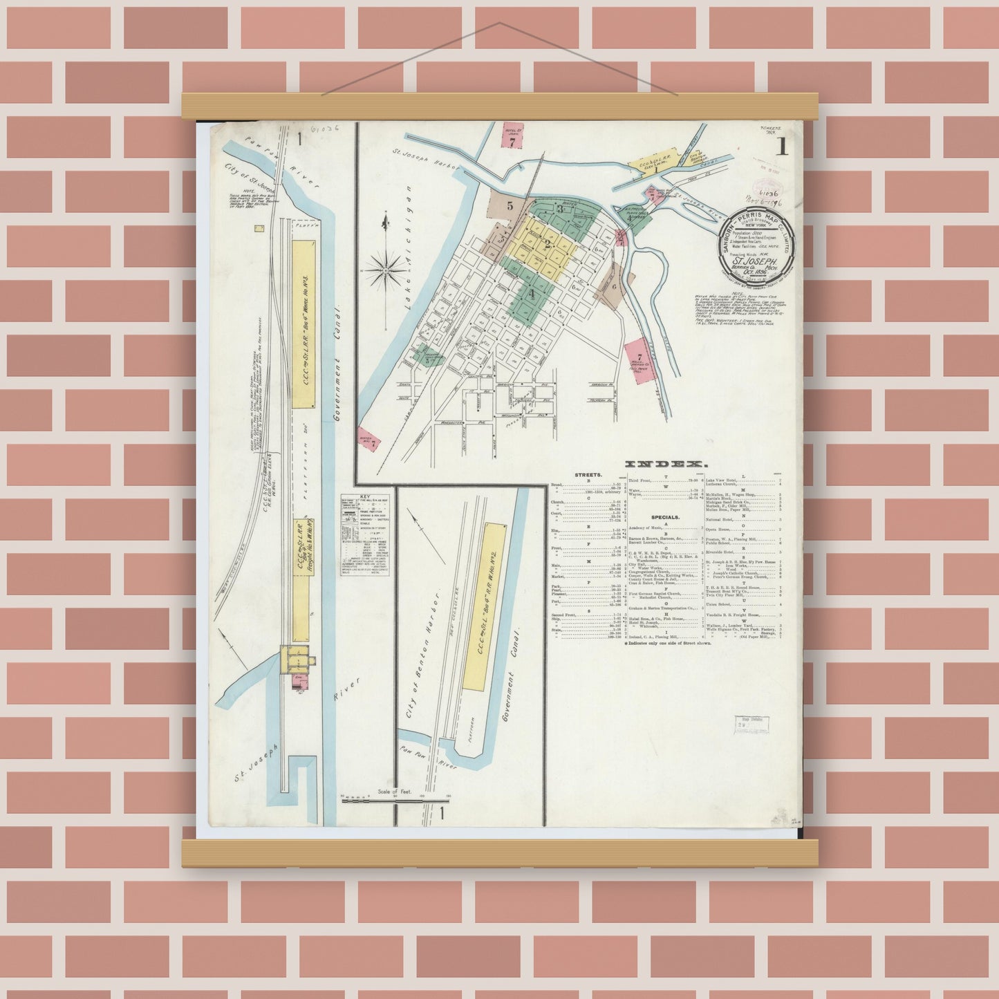 Old map wall art mockup — magnetic wood frame on brick wall — Sanborn Fire Insurance Map from Saint Joseph, Berrien County, Michigan (1896) - Complete Map Set