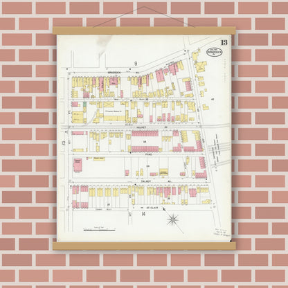 Old map wall art mockup — magnetic wood frame on brick wall — Sanborn Fire Insurance Map from Braddock, Allegheny County, Pennsylvania (1901), Sheet #0013