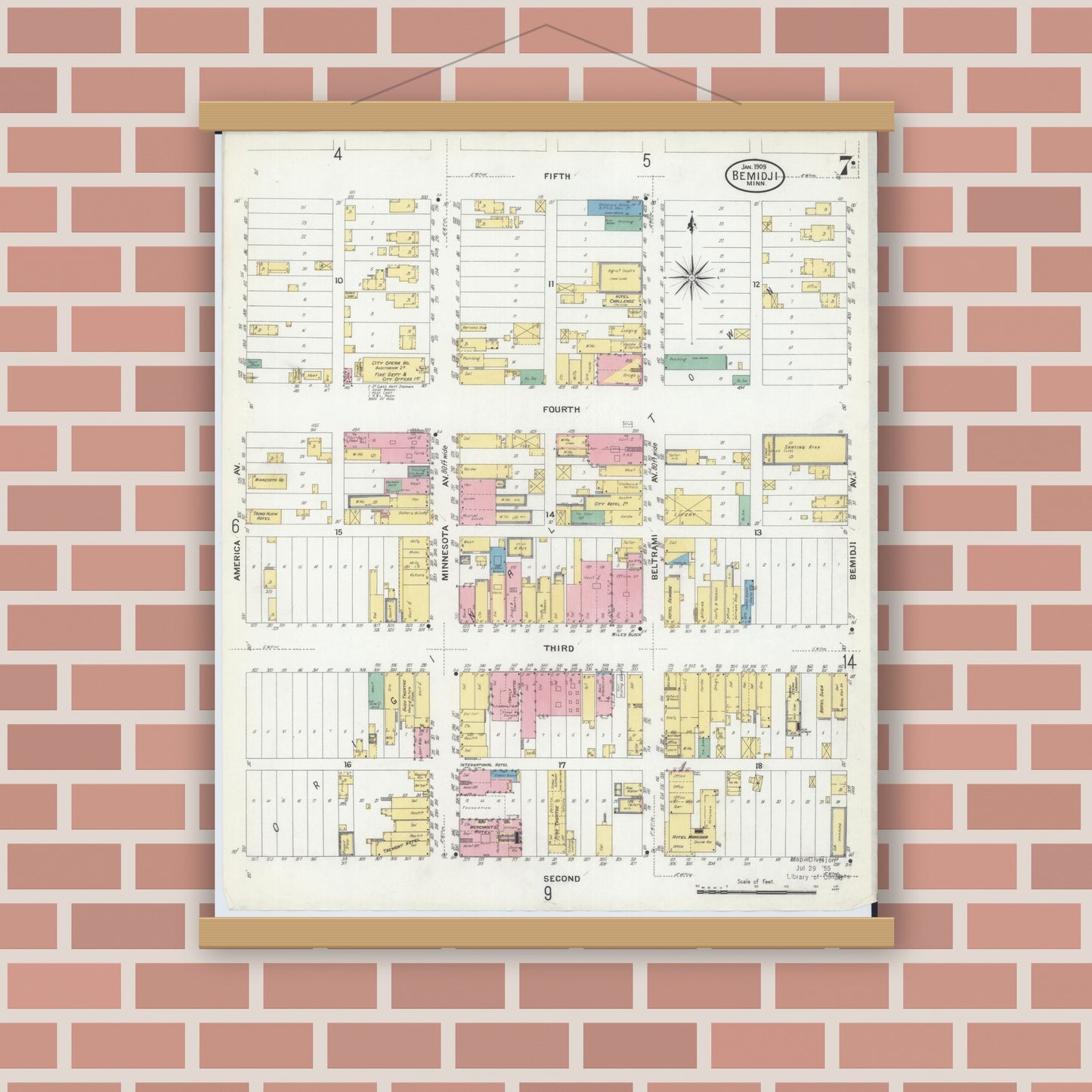 Old map wall art mockup — magnetic wood frame on brick wall — Sanborn Fire Insurance Map from Bemidji, Beltrami County, Minnesota (1909), Sheet #0007