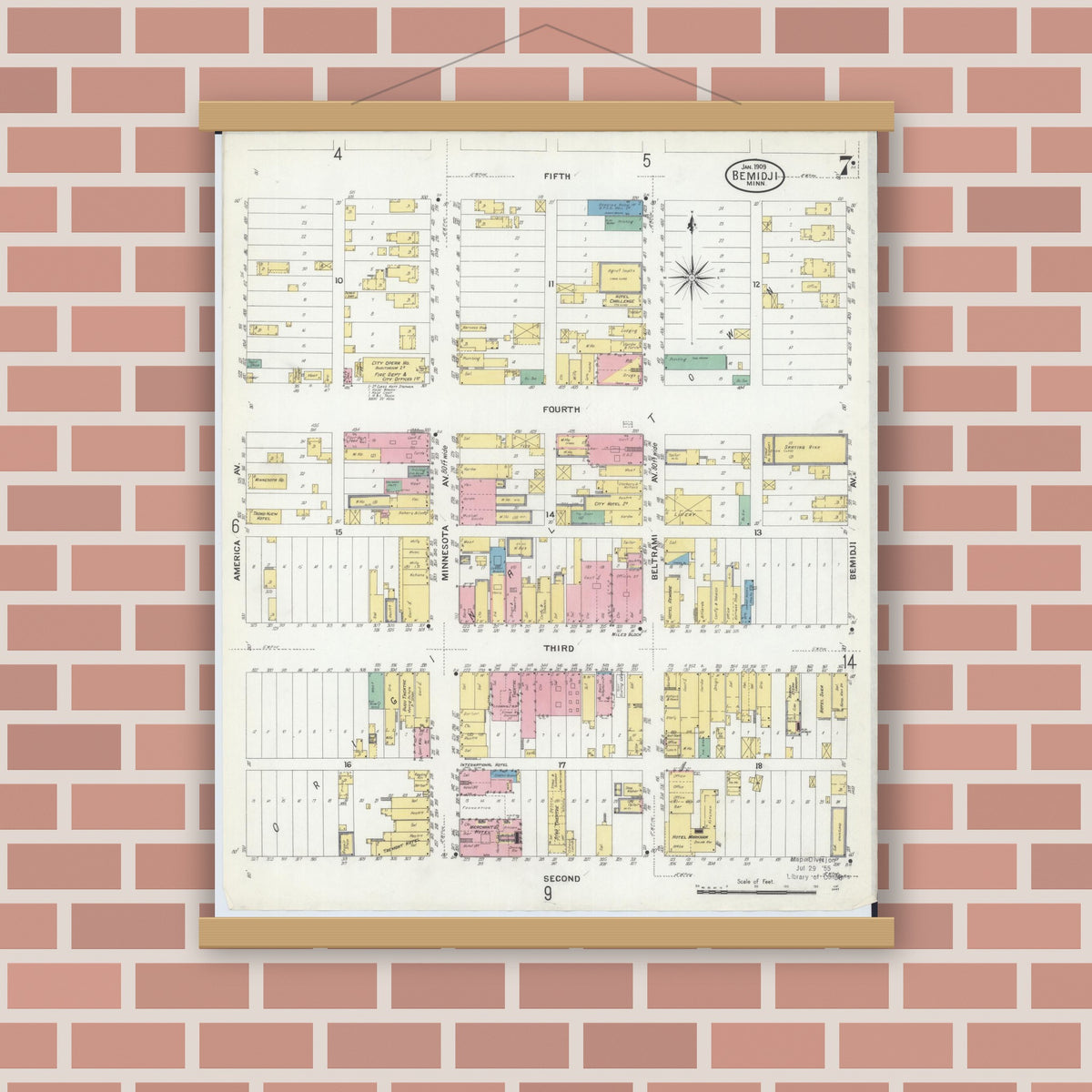 Old map wall art mockup — magnetic wood frame on brick wall — Sanborn Fire Insurance Map from Bemidji, Beltrami County, Minnesota (1909), Sheet #0007