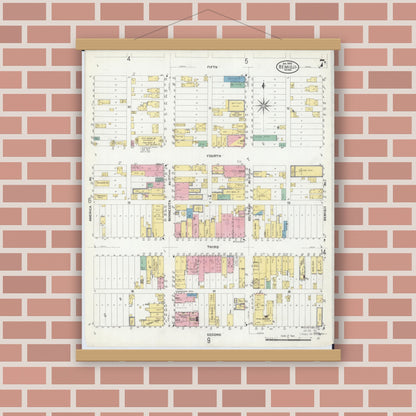 Old map wall art mockup — magnetic wood frame on brick wall — Sanborn Fire Insurance Map from Bemidji, Beltrami County, Minnesota (1909), Sheet #0007