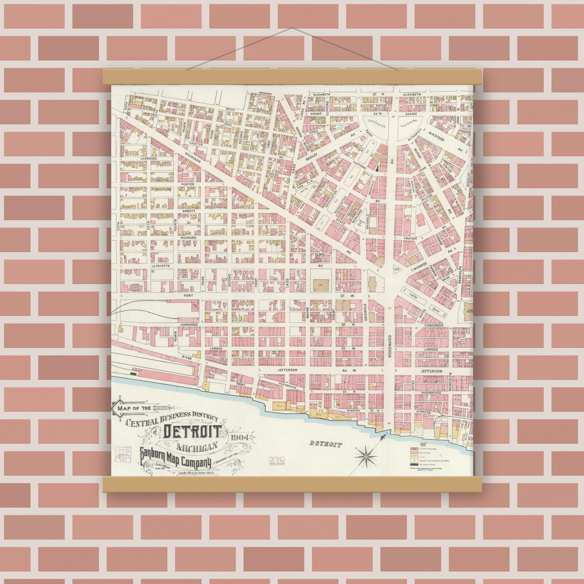 Old map wall art mockup — magnetic wood frame on brick wall — Sanborn Fire Insurance Map from Detroit, Wayne County, Michigan (1904), Sheet #0001