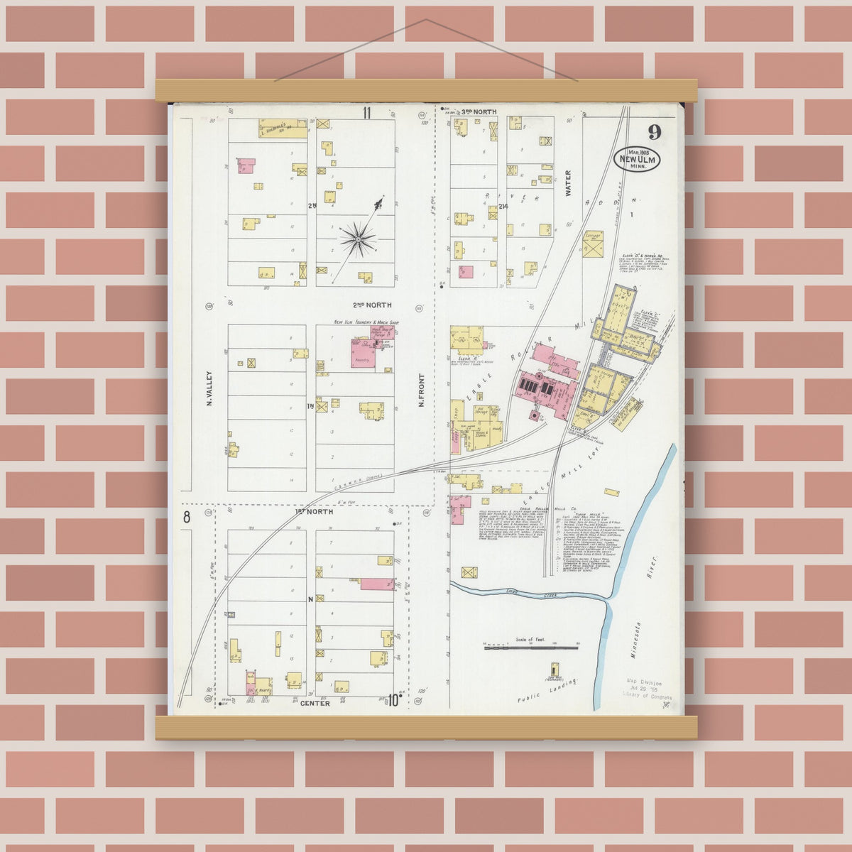 Old map wall art mockup — magnetic wood frame on brick wall — Sanborn Fire Insurance Map from New Ulm, Brown County, Minnesota (1905), Sheet #0009