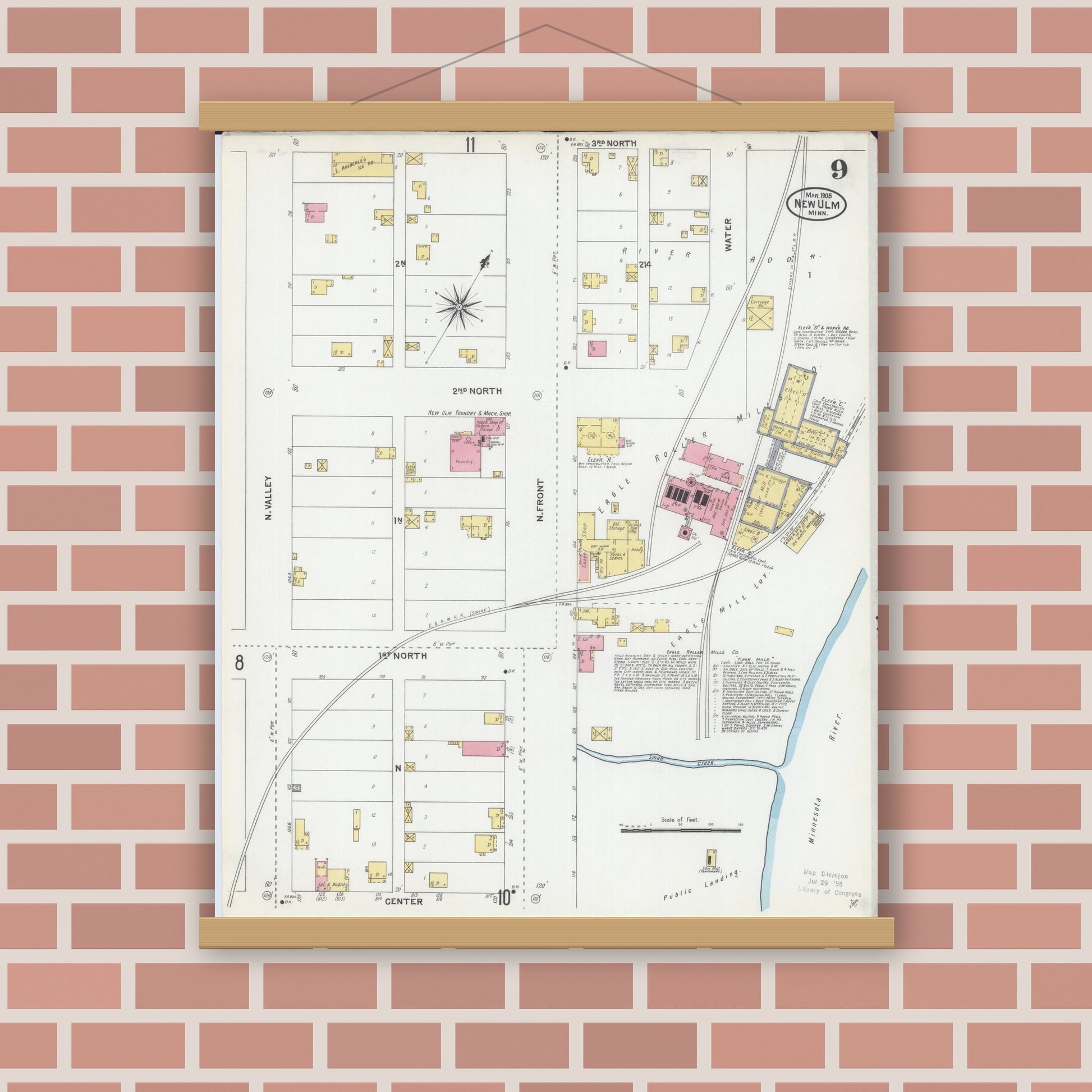 Old map wall art mockup — magnetic wood frame on brick wall — Sanborn Fire Insurance Map from New Ulm, Brown County, Minnesota (1905), Sheet #0009