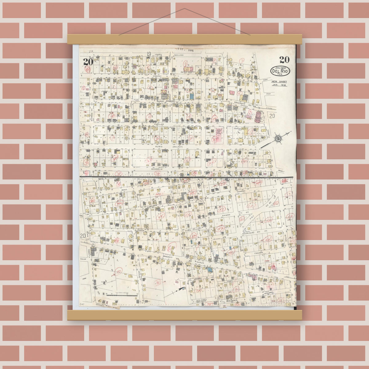 Old map wall art mockup — magnetic wood frame on brick wall — Sanborn Fire Insurance Map from Del Rio, Val Verde County, Texas (1948), Sheet #0020