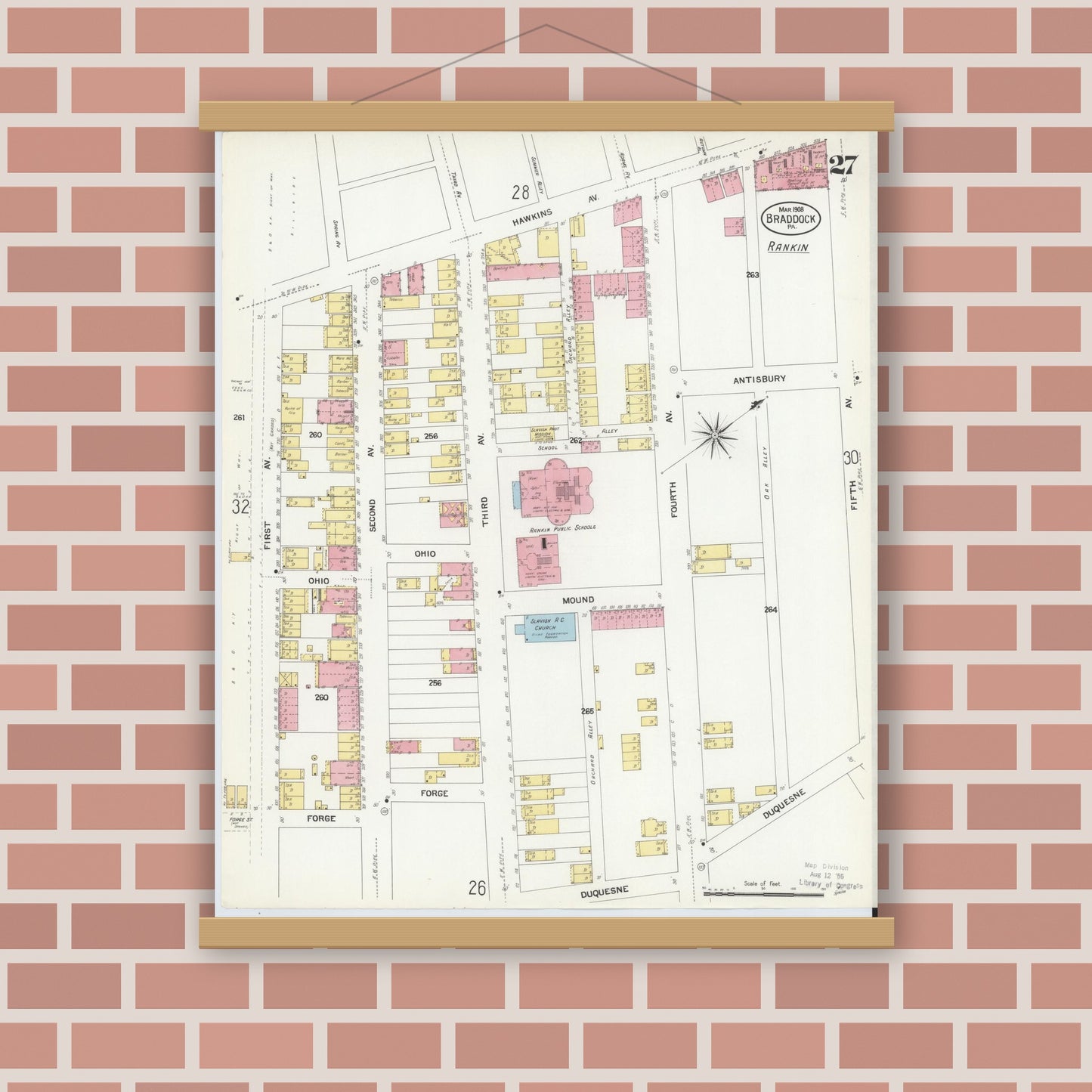Old map wall art mockup — magnetic wood frame on brick wall — Sanborn Fire Insurance Map from Braddock, Allegheny County, Pennsylvania (1908), Sheet #0027