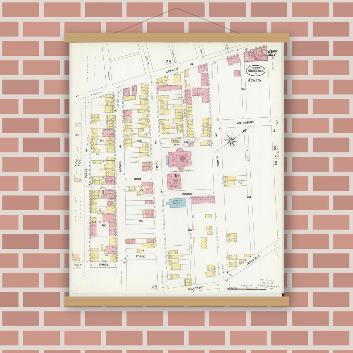 Old map wall art mockup — magnetic wood frame on brick wall — Sanborn Fire Insurance Map from Braddock, Allegheny County, Pennsylvania (1908), Sheet #0027