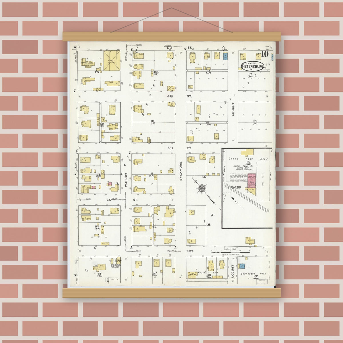 Old map wall art mockup — magnetic wood frame on brick wall — Sanborn Fire Insurance Map from Petersburg, Pike County, Indiana (1921), Sheet #0010