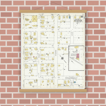 Old map wall art mockup — magnetic wood frame on brick wall — Sanborn Fire Insurance Map from Petersburg, Pike County, Indiana (1921), Sheet #0010