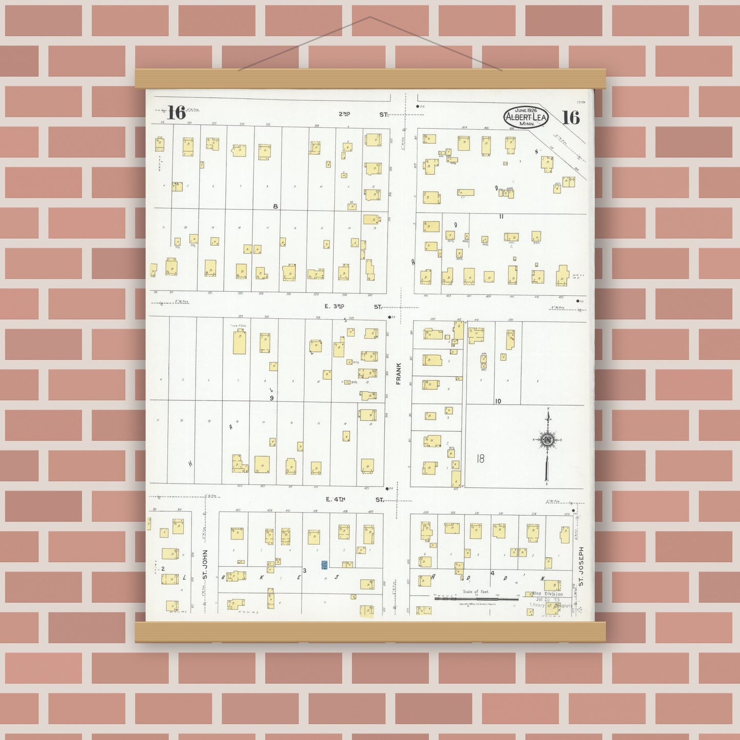 Old map wall art mockup — magnetic wood frame on brick wall — Sanborn Fire Insurance Map from Albert Lea, Freeborn County, Minnesota (1926), Sheet #0016