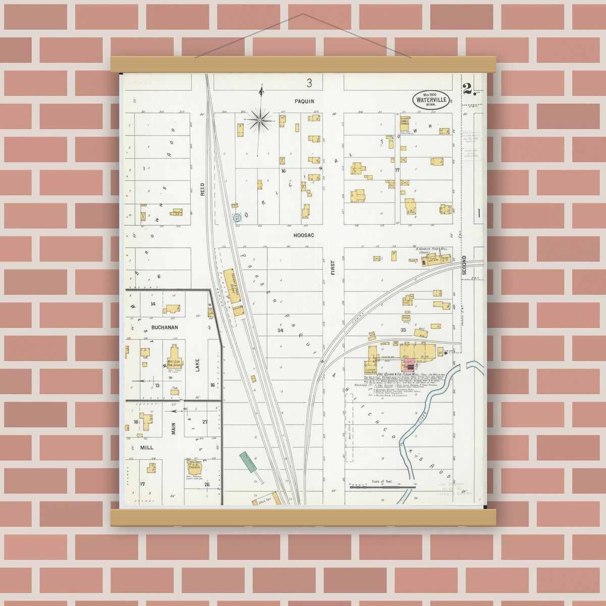 Old map wall art mockup — magnetic wood frame on brick wall — Sanborn Fire Insurance Map from Waterville, Le Sueur County, Minnesota (1900), Sheet #0002
