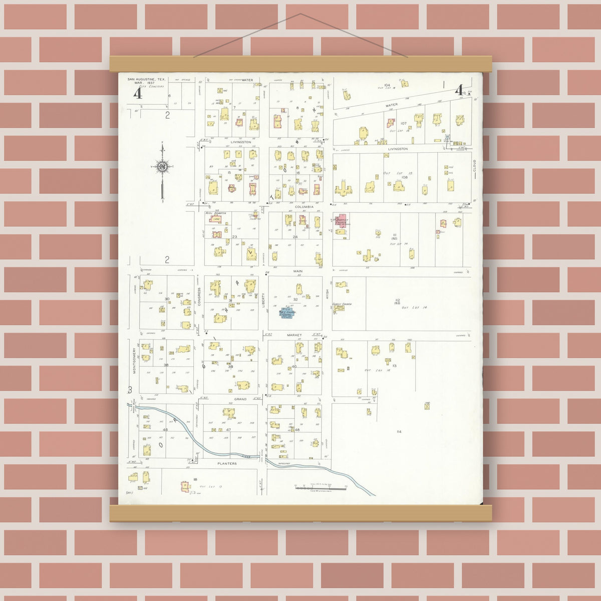 Old map wall art mockup — magnetic wood frame on brick wall — Sanborn Fire Insurance Map from San Augustine, San Augustine County, Texas (1937), Sheet #0004