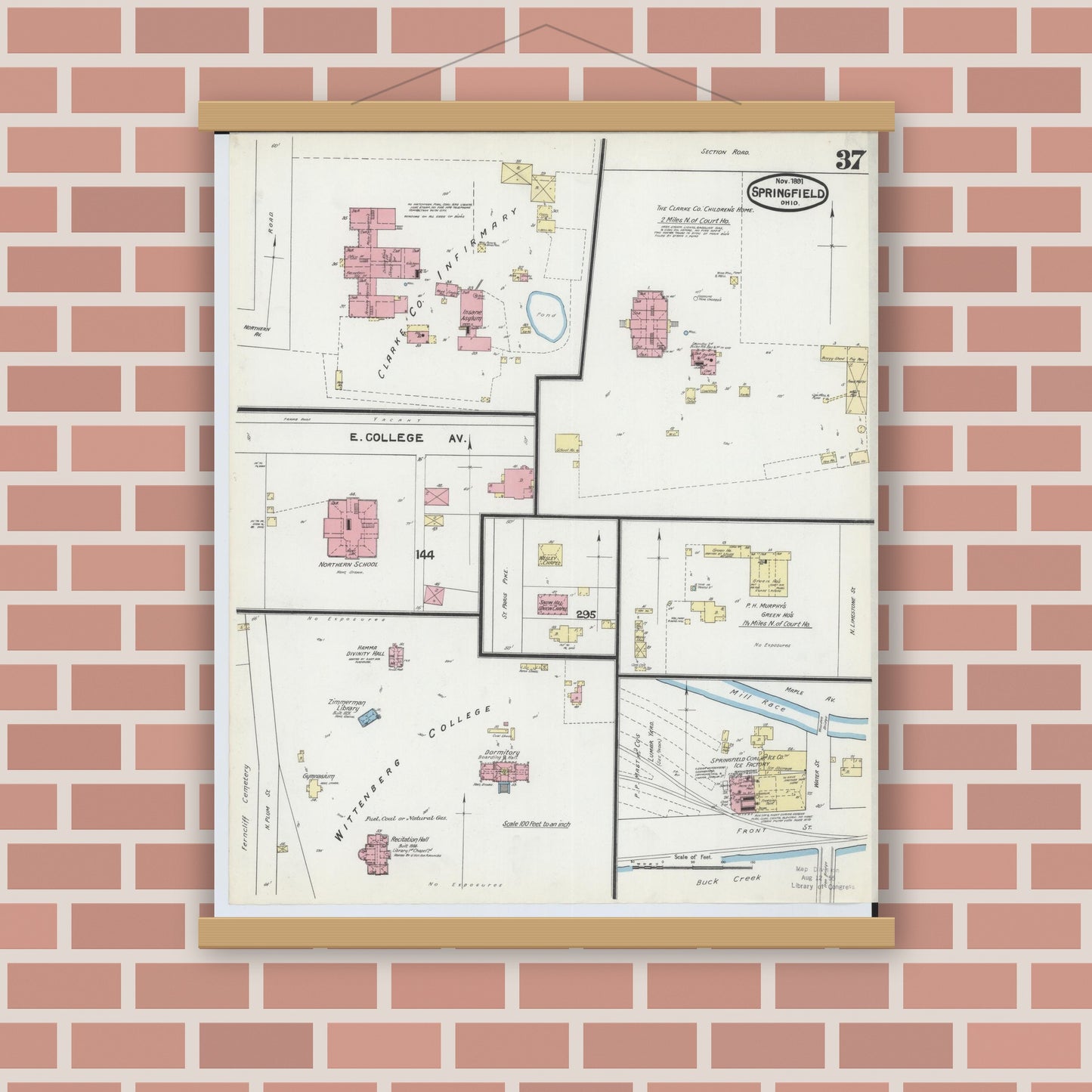Old map wall art mockup — magnetic wood frame on brick wall — Sanborn Fire Insurance Map from Springfield, Clark County, Ohio (1891), Sheet #0037