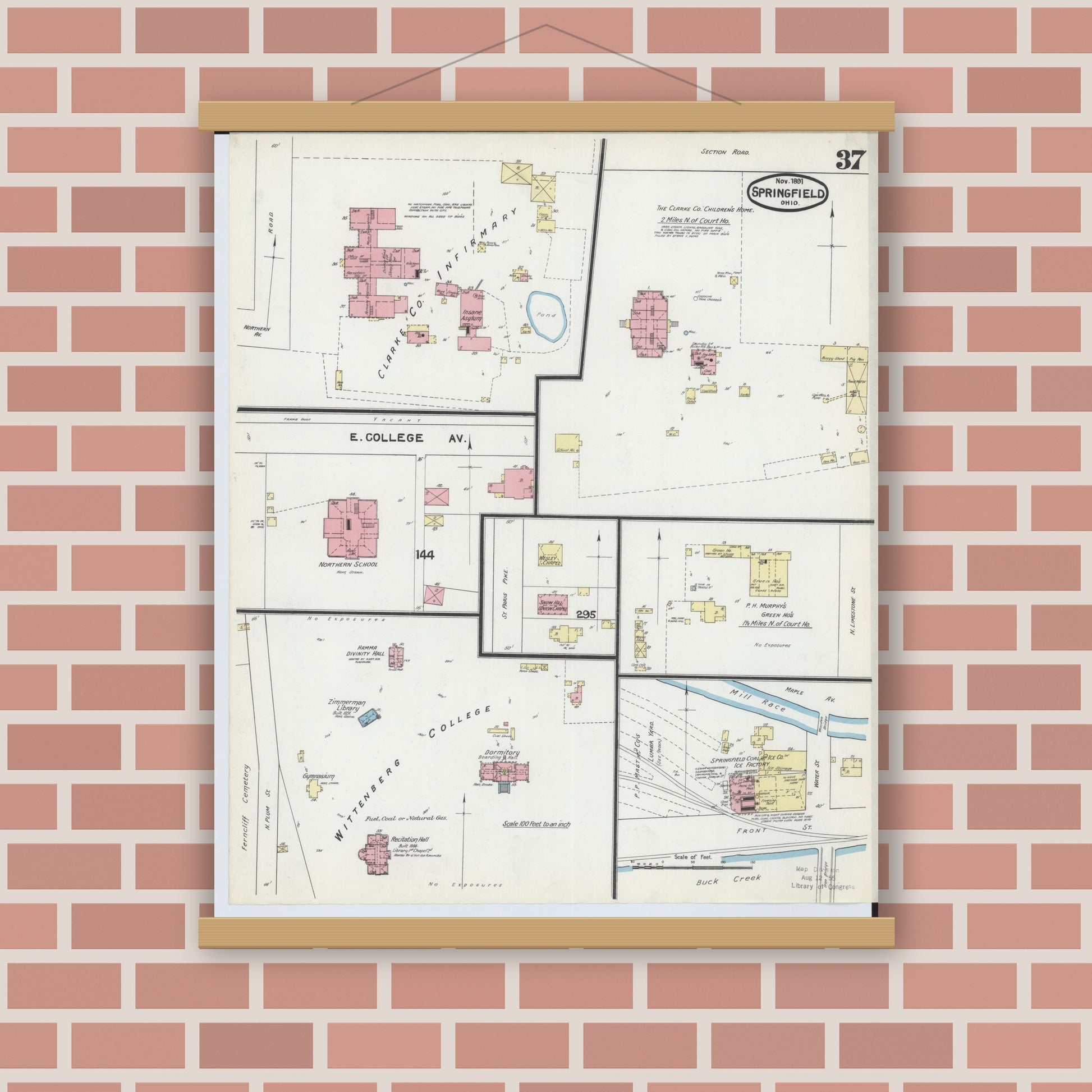 Old map wall art mockup — magnetic wood frame on brick wall — Sanborn Fire Insurance Map from Springfield, Clark County, Ohio (1891), Sheet #0037