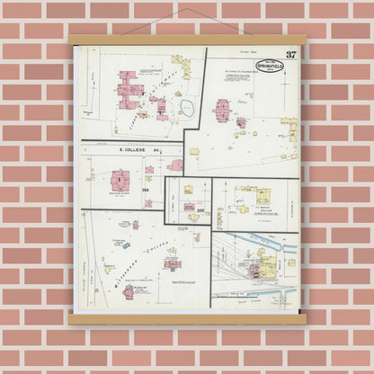 Old map wall art mockup — magnetic wood frame on brick wall — Sanborn Fire Insurance Map from Springfield, Clark County, Ohio (1891), Sheet #0037