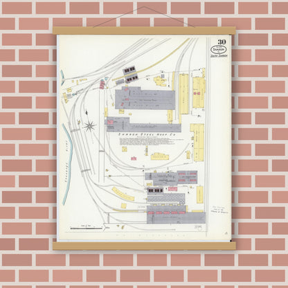 Old map wall art mockup — magnetic wood frame on brick wall — Sanborn Fire Insurance Map from Sharon, Mercer County, Pennsylvania (1908), Sheet #0030