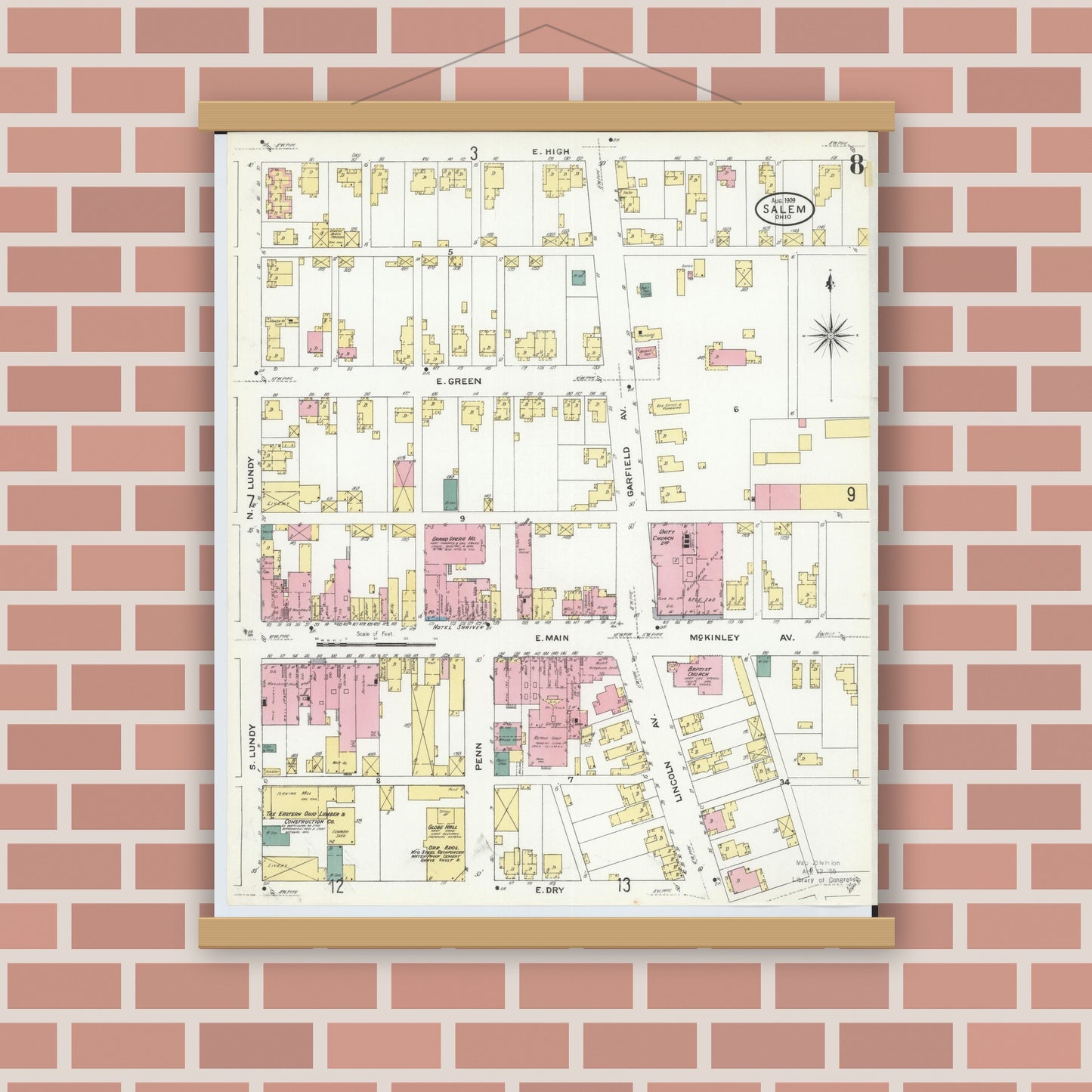 Old map wall art mockup — magnetic wood frame on brick wall — Sanborn Fire Insurance Map from Salem, Columbiana County, Ohio (1909), Sheet #0008