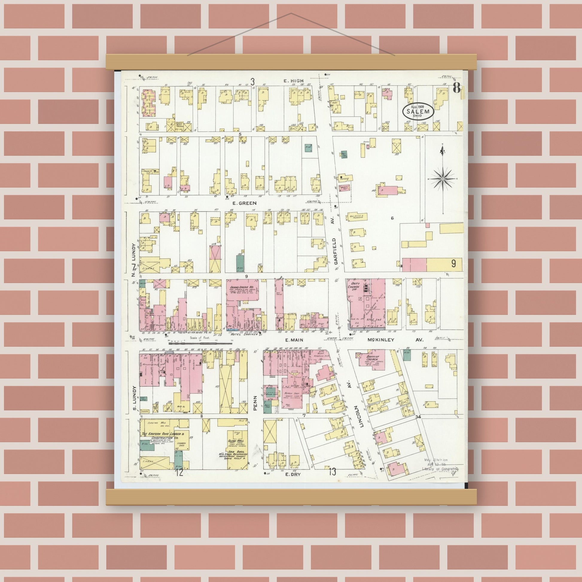 Old map wall art mockup — magnetic wood frame on brick wall — Sanborn Fire Insurance Map from Salem, Columbiana County, Ohio (1909), Sheet #0008