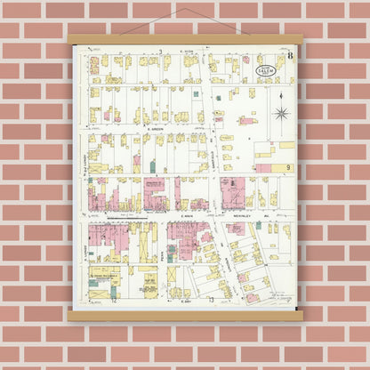 Old map wall art mockup — magnetic wood frame on brick wall — Sanborn Fire Insurance Map from Salem, Columbiana County, Ohio (1909), Sheet #0008