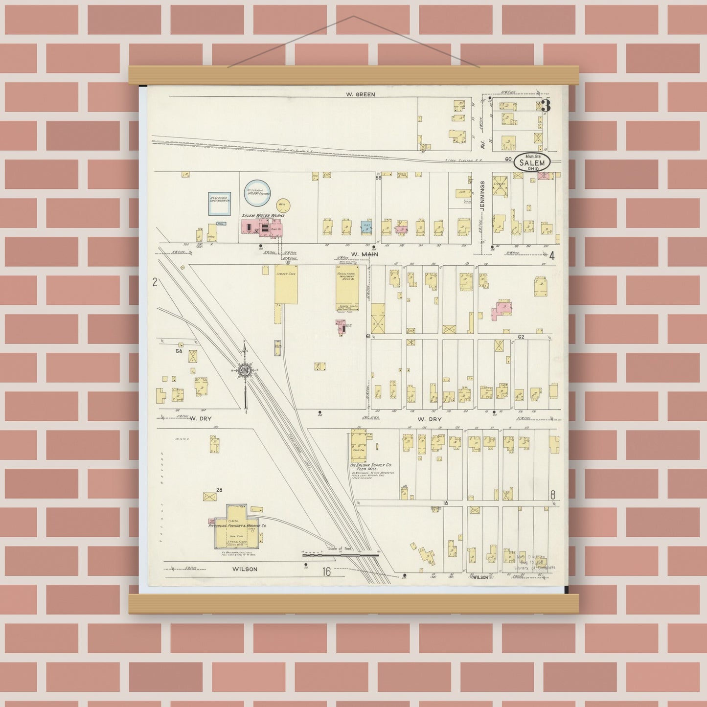 Old map wall art mockup — magnetic wood frame on brick wall — Sanborn Fire Insurance Map from Salem, Columbiana County, Ohio (1915), Sheet #0003