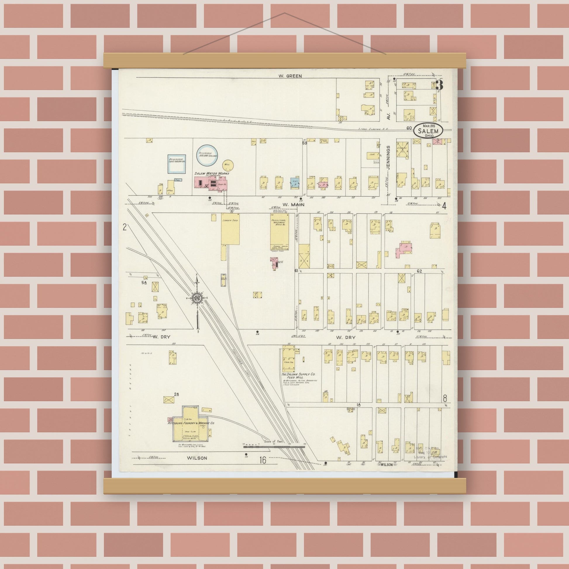 Old map wall art mockup — magnetic wood frame on brick wall — Sanborn Fire Insurance Map from Salem, Columbiana County, Ohio (1915), Sheet #0003