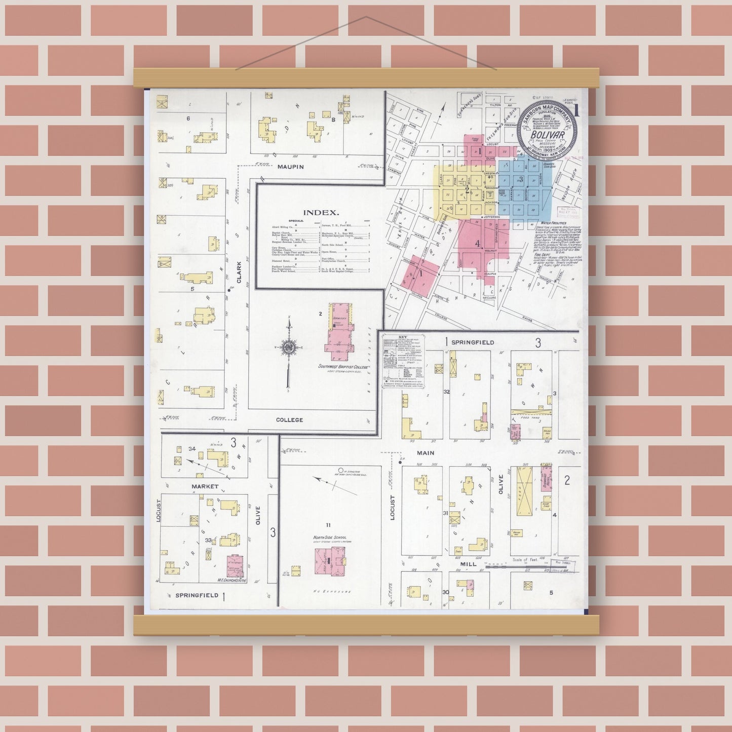 Old map wall art mockup — magnetic wood frame on brick wall — Sanborn Fire Insurance Map from Bolivar, Polk County, Missouri (1909) - Complete Map Set