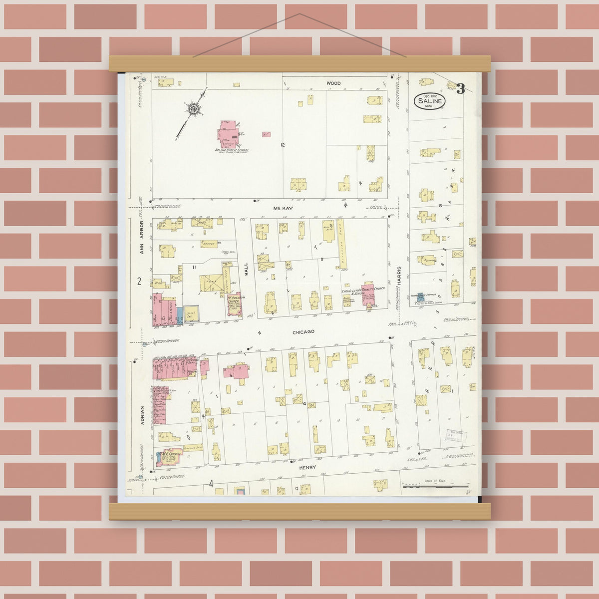 Old map wall art mockup — magnetic wood frame on brick wall — Sanborn Fire Insurance Map from Saline, Washtenaw County, Michigan (1912), Sheet #0003