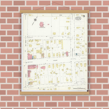 Old map wall art mockup — magnetic wood frame on brick wall — Sanborn Fire Insurance Map from Saline, Washtenaw County, Michigan (1912), Sheet #0003