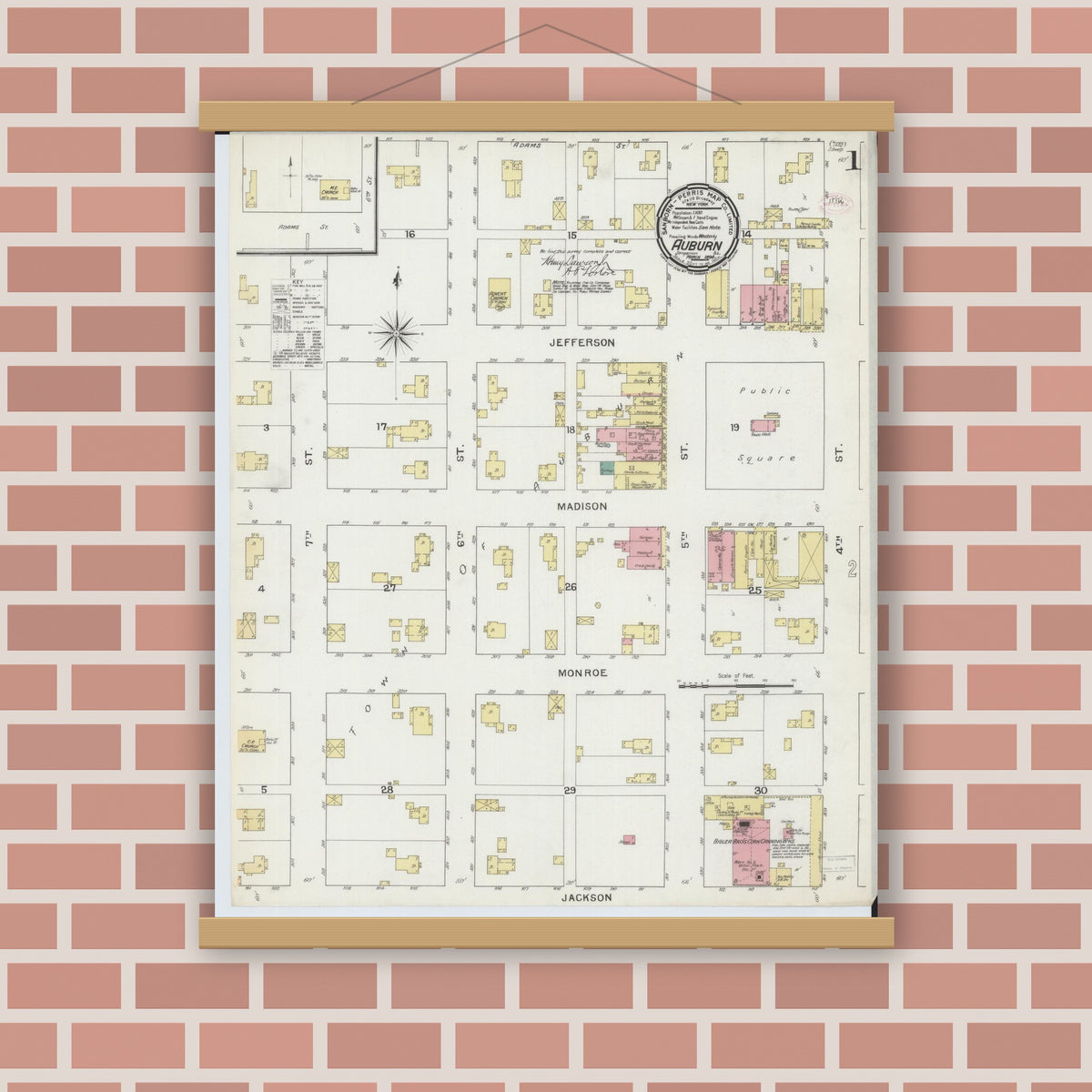 Old map wall art mockup — magnetic wood frame on brick wall — Sanborn Fire Insurance Map from Auburn, Sangamon County, Illinois (1894), Sheet #0001