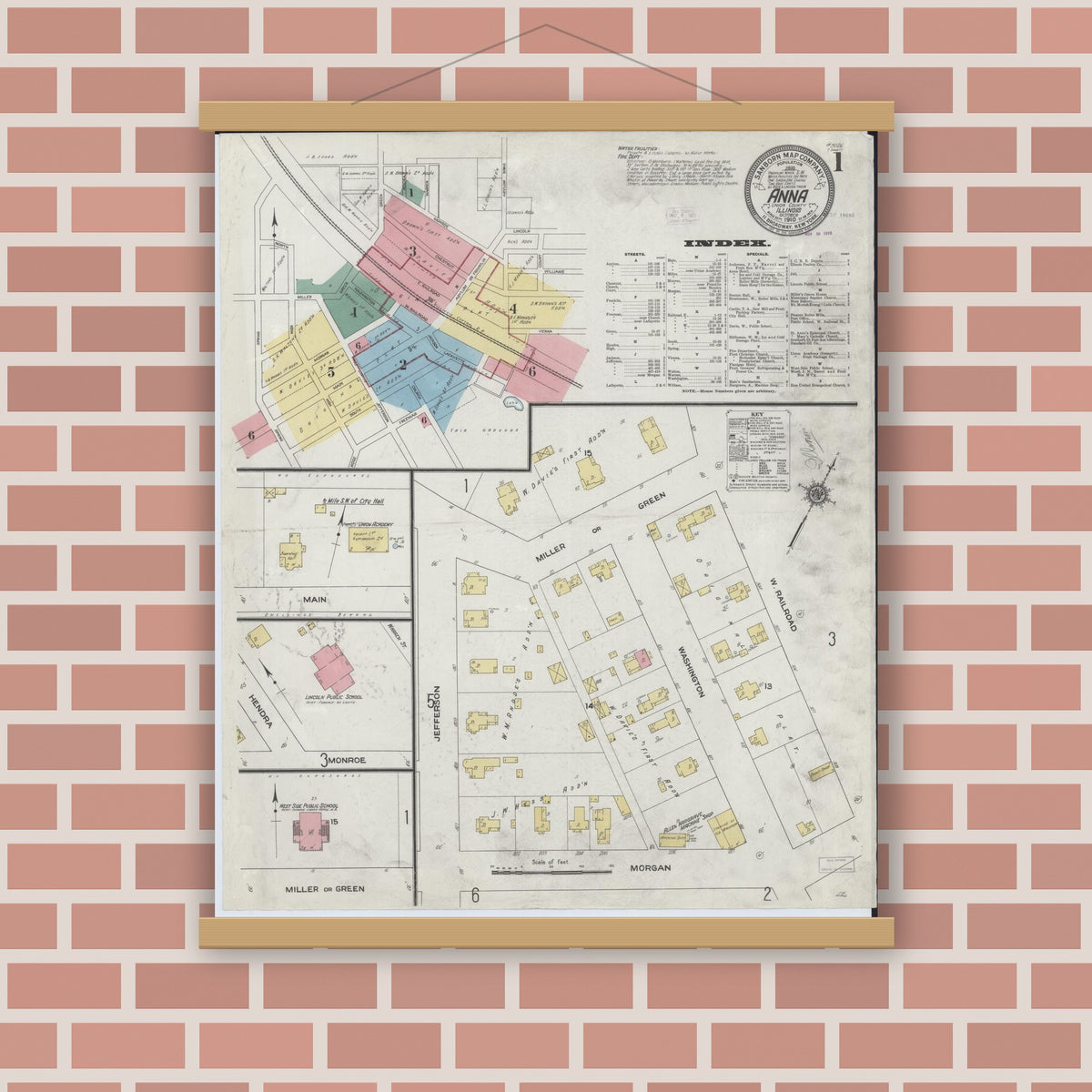 Old map wall art mockup — magnetic wood frame on brick wall — Sanborn Fire Insurance Map from Anna, Union County, Illinois (1910) - Complete Map Set